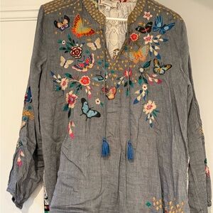 Johnny Was Blue Embroidered Blouse with Colorful Details